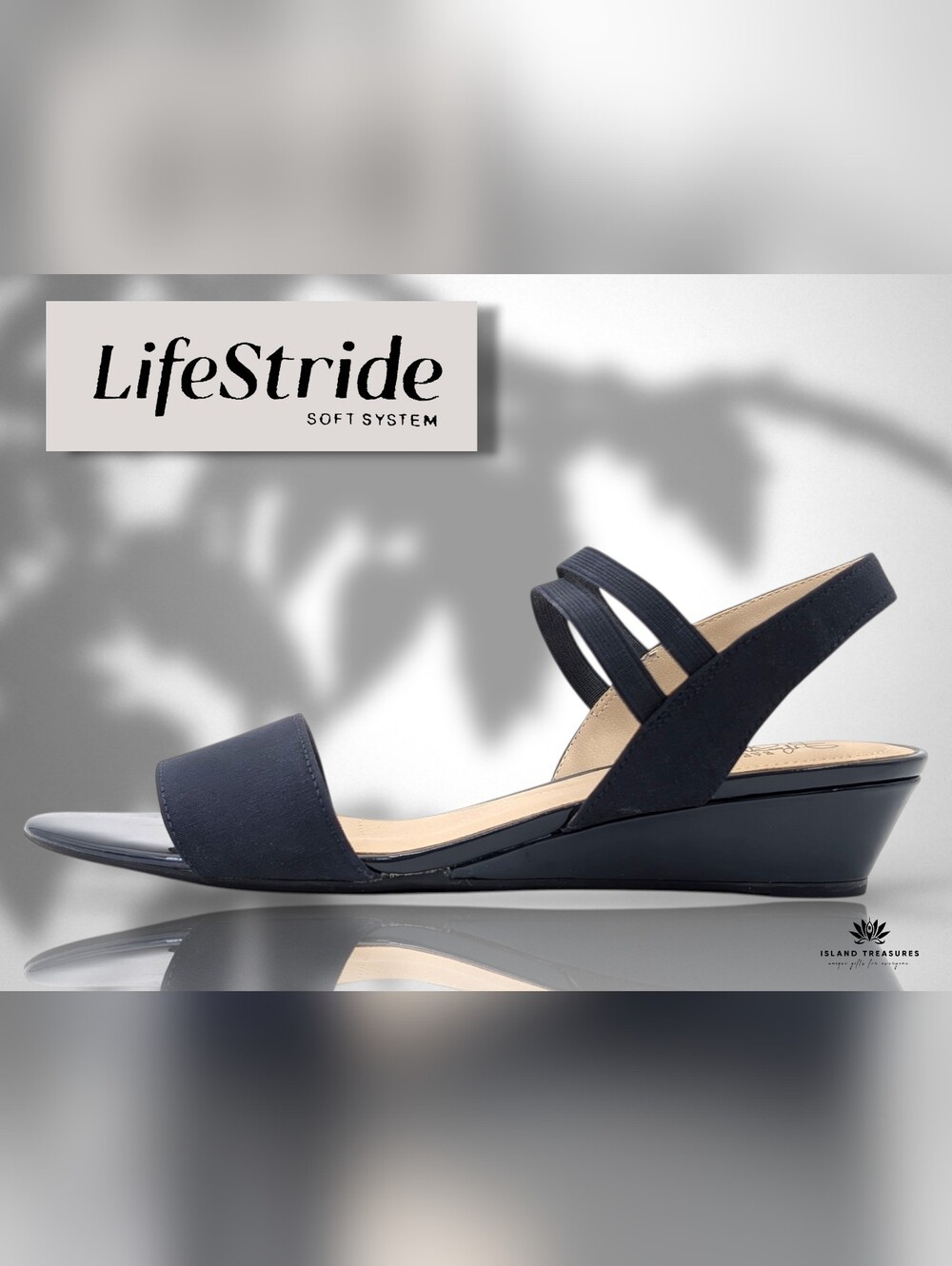 LifeStride Yolo Sz 9.4M Navy Blue Upper Patient Accent Open Toe SoftSystem Wedge